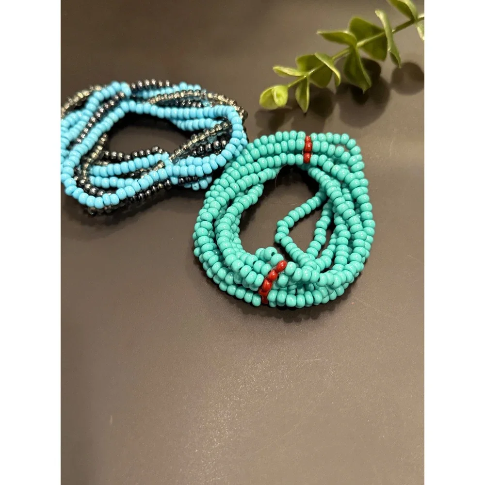 Boho Seed Bead Stretch Bracelet Set Turquoise Blue Gunmetal Metallic Stackable